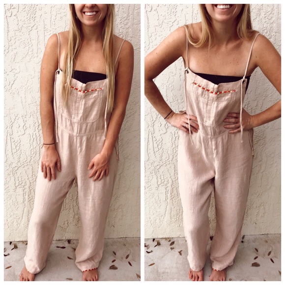 Vintage Pants - Adorable Vintage Feel Ivory Linen Overall Jumpsuit